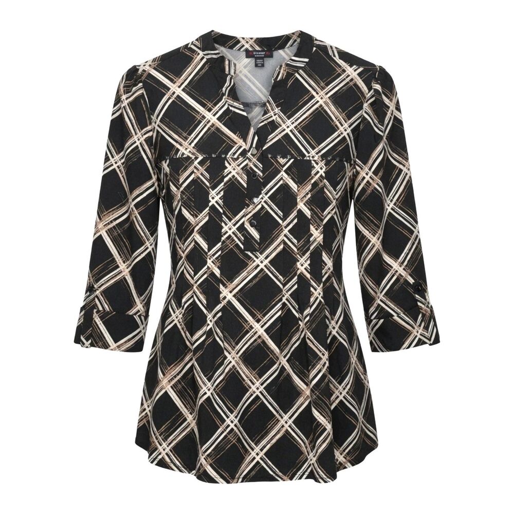 Cocomo Women's Plus Size 3X Black Tan Plaid Print Studded Pintuck 3/4 Sleeve Top